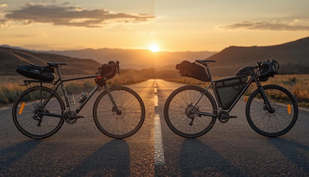 Two touring bikes with panniers parked on a sunlit road at sunset, mountains in the distance.
