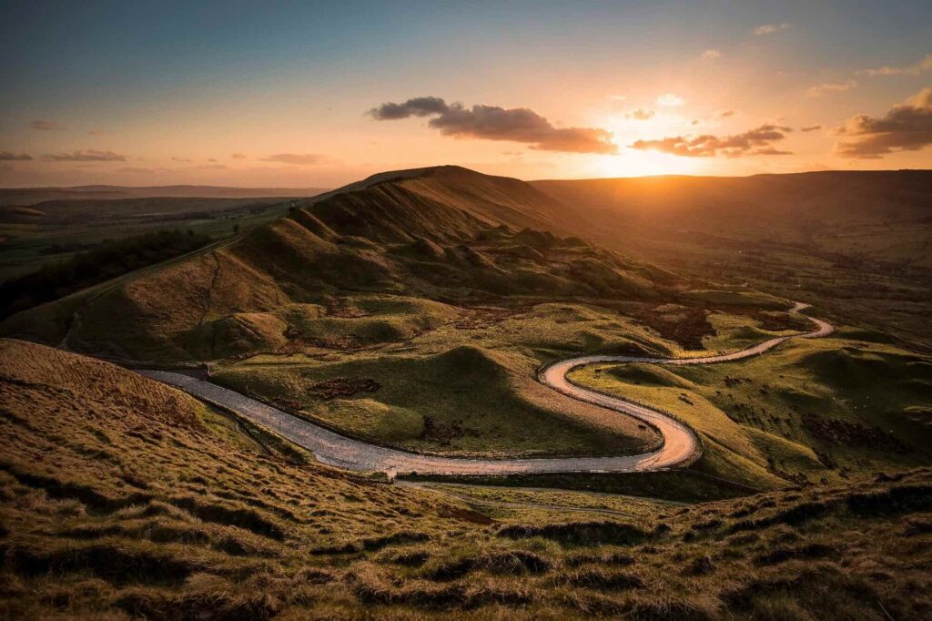 Mam Tor winding road sunset in the Peak District